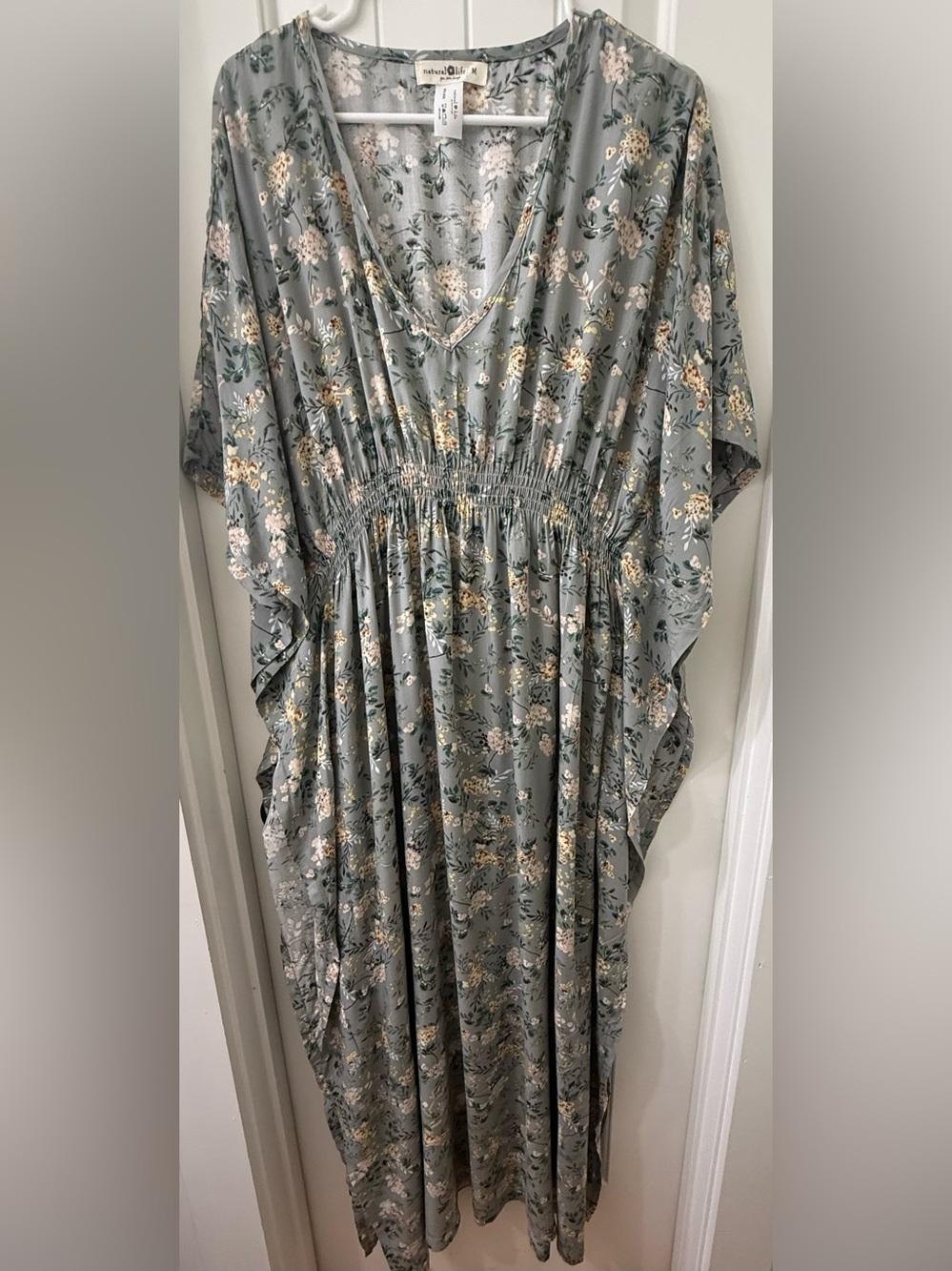 Natural Life Sanibel Kaftan Maxi Dress in Sage Green Floral Print Sz M